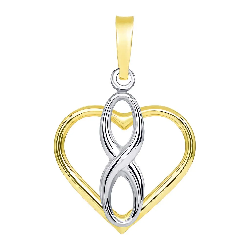 14k Two Tone Gold Vertical Infinity Sign in Open Heart Pendant