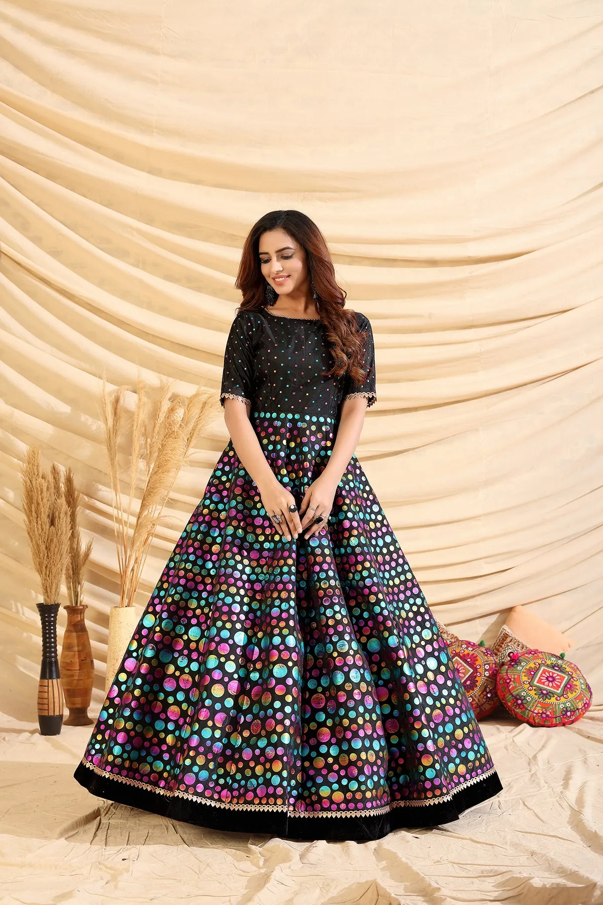 Black Pigment Foliage Taffeta Silk Party Wear Gown Semi Stitched