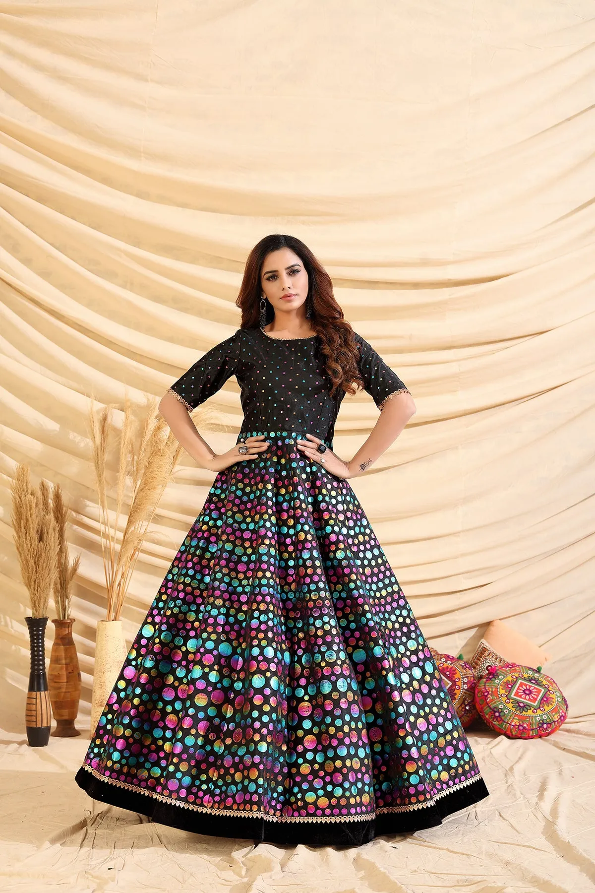 Black Pigment Foliage Taffeta Silk Party Wear Gown Semi Stitched