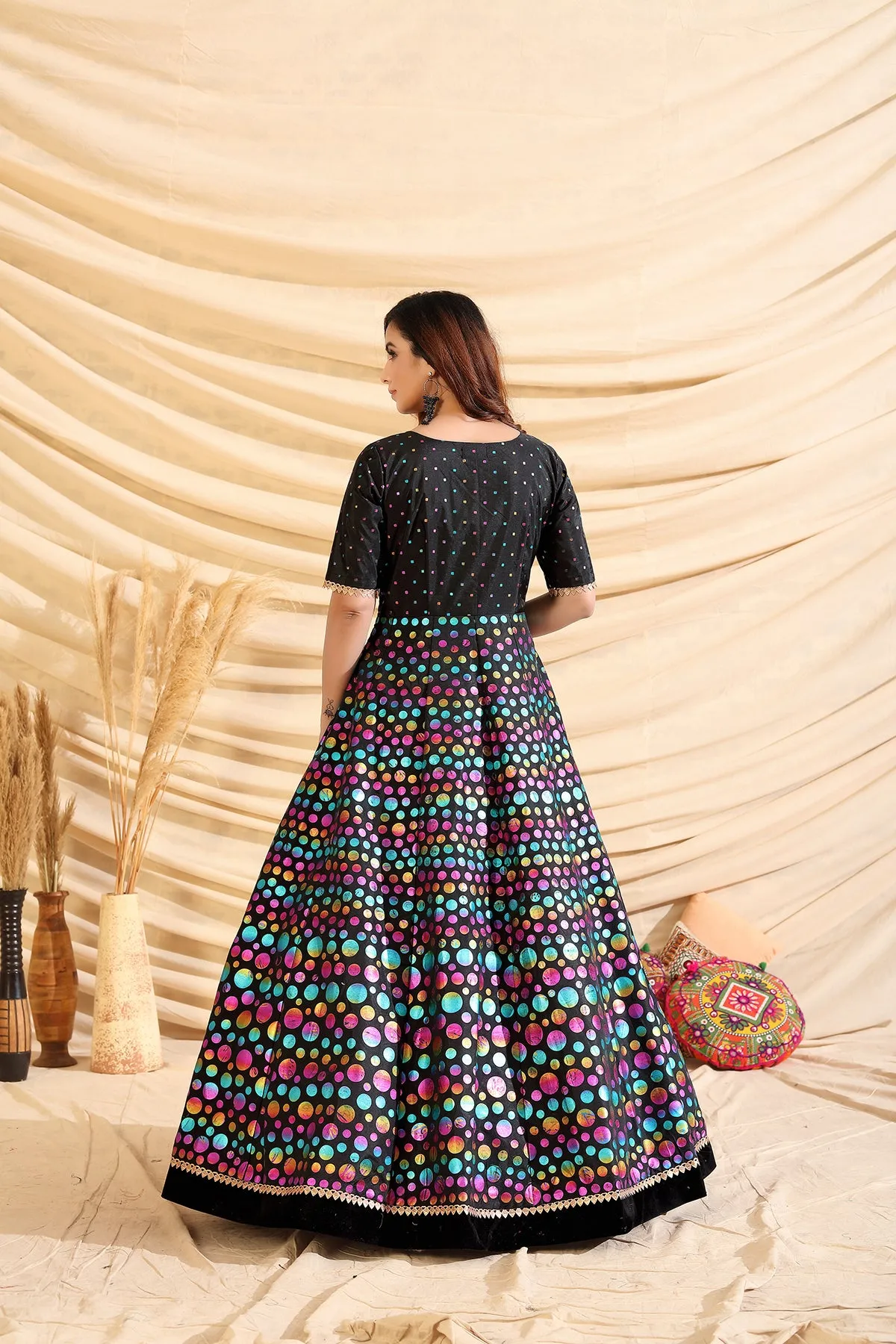 Black Pigment Foliage Taffeta Silk Party Wear Gown Semi Stitched