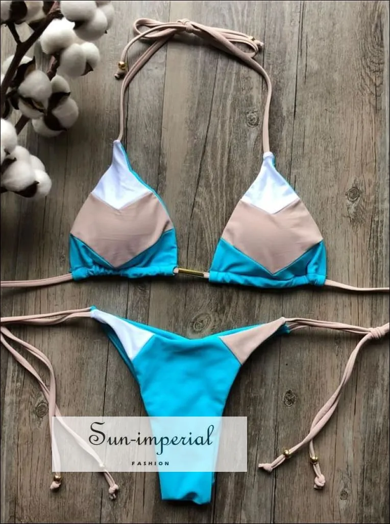 Blue Tropical Print Bikini Set Women’s Swimming Suit Halter Drawstring Bathing Suit