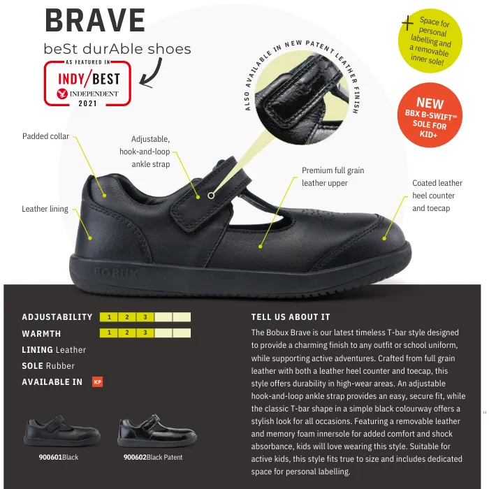 Bobux Kid  Black School Leather Shoe Brave T-Bar