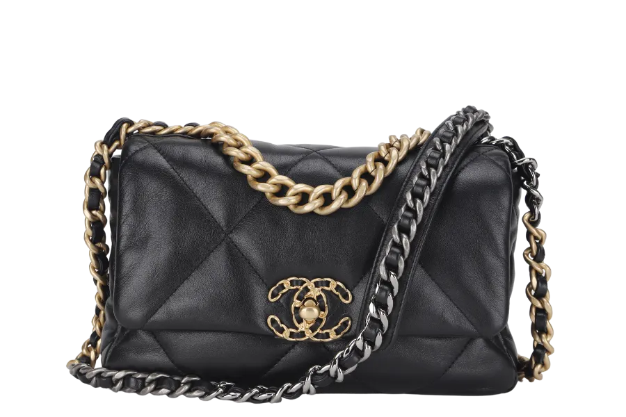 CHANEL 19 SMALL BLACK SHINY LAMBSKIN (3091XXXX) WITH GOLD-TONE, SILVER-TONE & RUTHENIUM HARDWARE, WITH CARD & DUST COVER