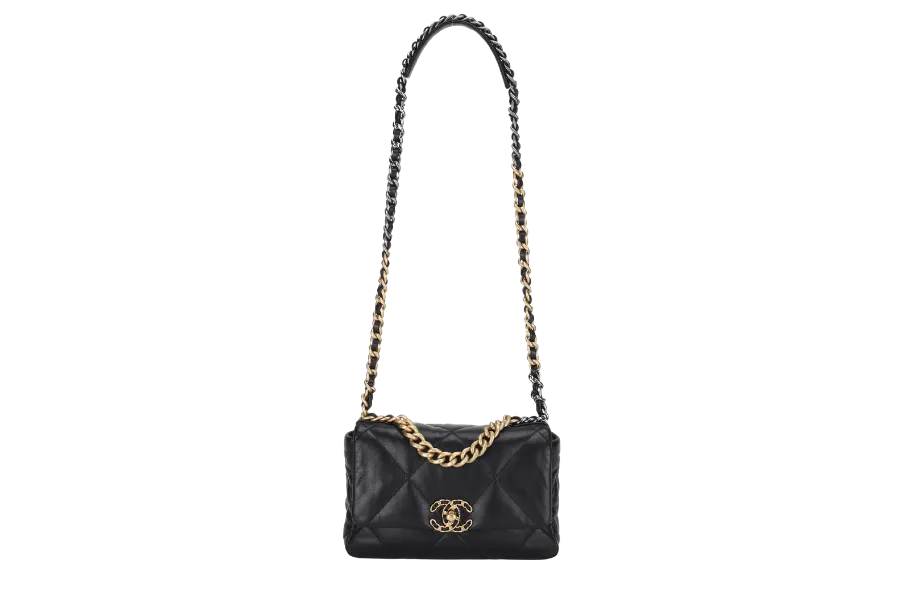 CHANEL 19 SMALL BLACK SHINY LAMBSKIN (3091XXXX) WITH GOLD-TONE, SILVER-TONE & RUTHENIUM HARDWARE, WITH CARD & DUST COVER
