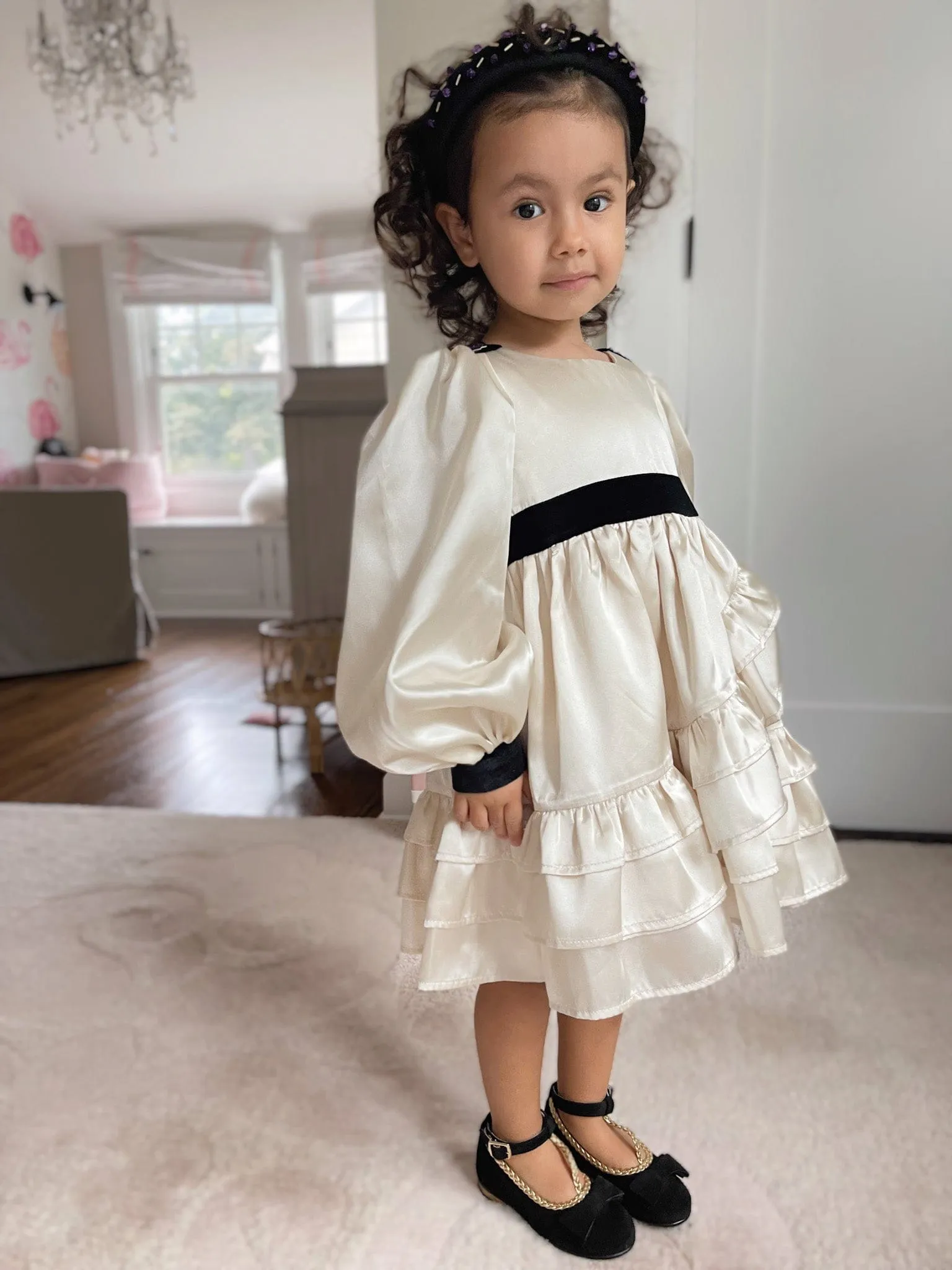 Evangeline Satin Champagne Ruffle Dress