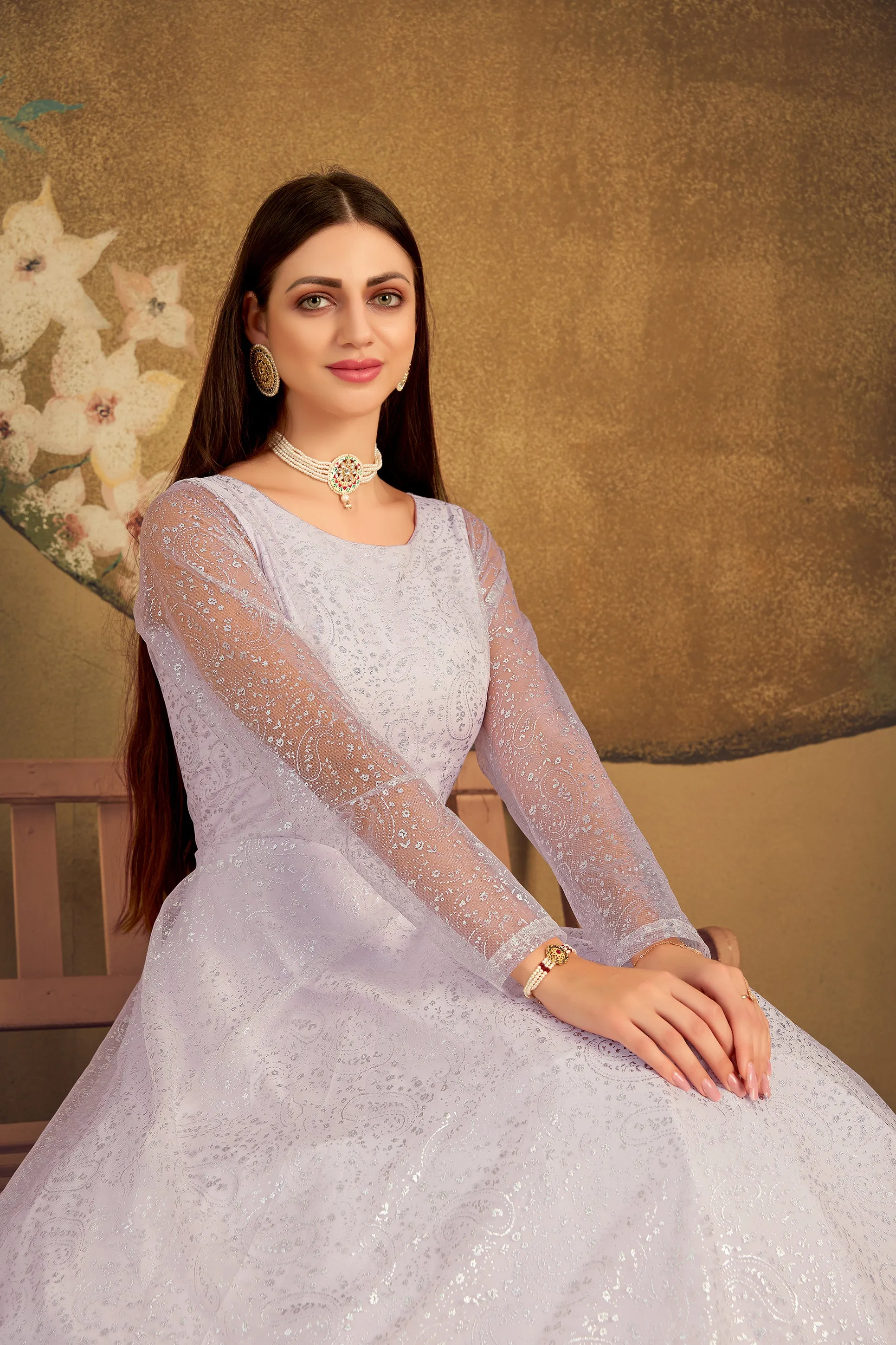 Exclusive Dress Designer Gown For Women Floral Bride Gown Indian Wedding Reception Gown Indian Suit Floral Anarkali Violet Gown