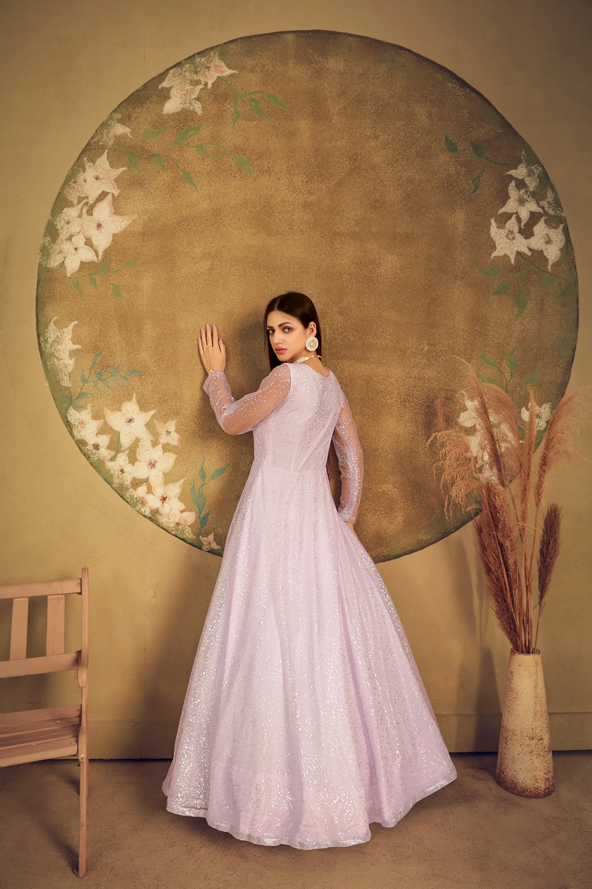 Exclusive Dress Designer Gown For Women Floral Bride Gown Indian Wedding Reception Gown Indian Suit Floral Anarkali Violet Gown