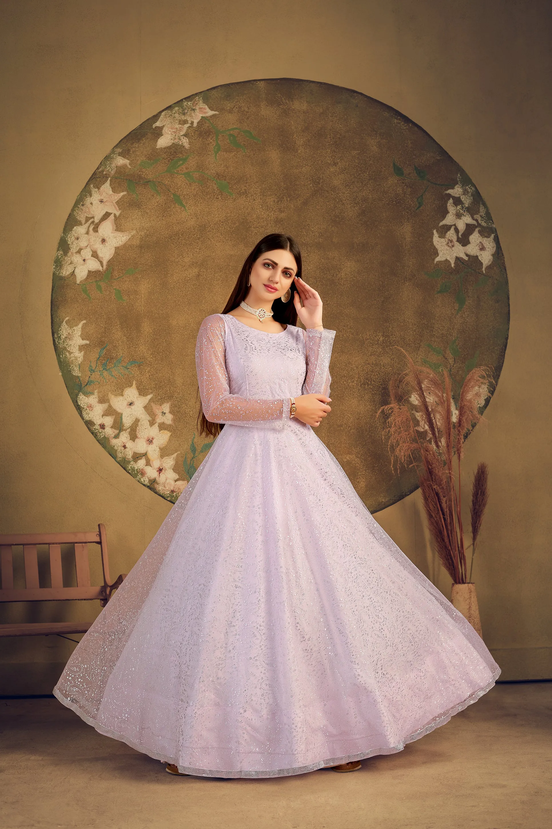 Exclusive Dress Designer Gown For Women Floral Bride Gown Indian Wedding Reception Gown Indian Suit Floral Anarkali Violet Gown