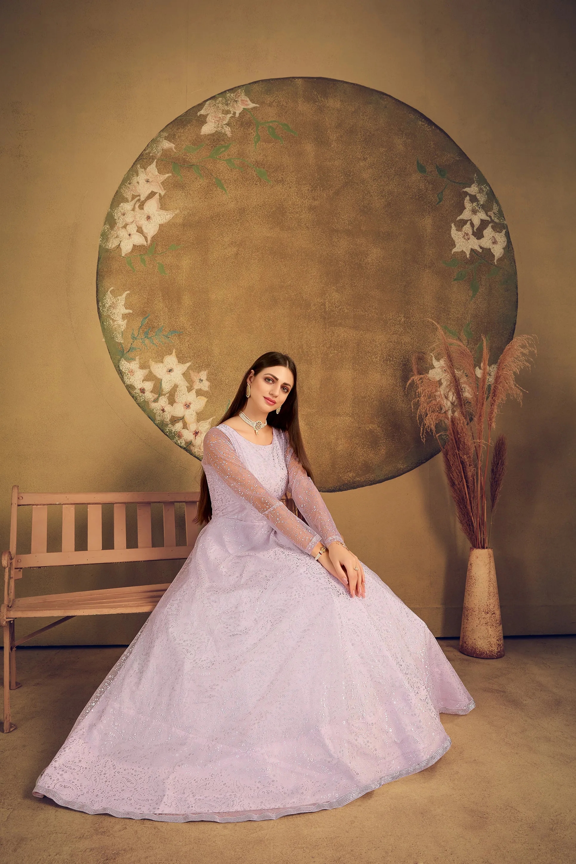 Exclusive Dress Designer Gown For Women Floral Bride Gown Indian Wedding Reception Gown Indian Suit Floral Anarkali Violet Gown