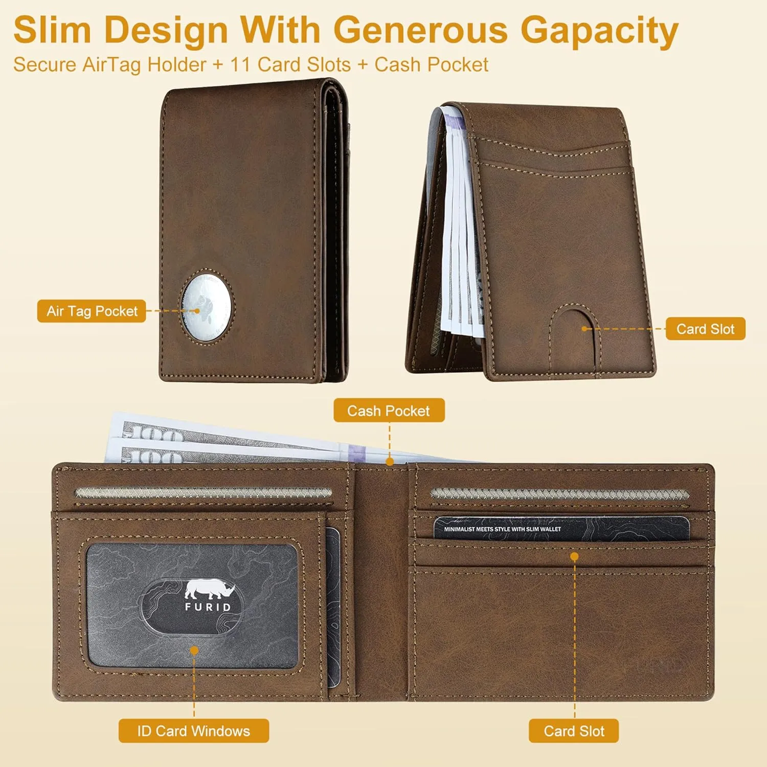 furid Apple Airtag Wallet Men Slim: Air Tag Wallet with Airtag Holder, RFID Blocking, Bifold, Front Pocket, Minimalist Card Wallet, Carbon Fiber Wallet