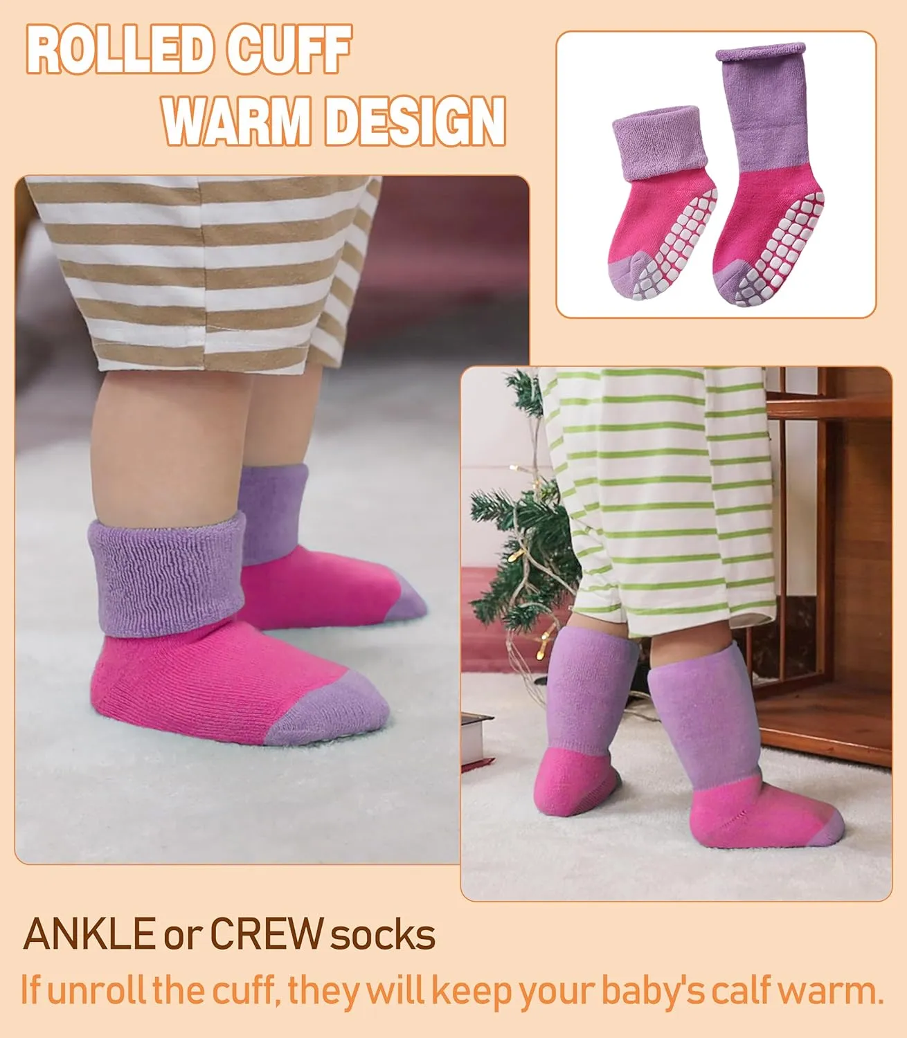 LANLEO Baby Girls Boys Non Slip Socks with Grips Toddler Kids Unisex Warm Thick Cotton Ankle Crew Socks with Grippers