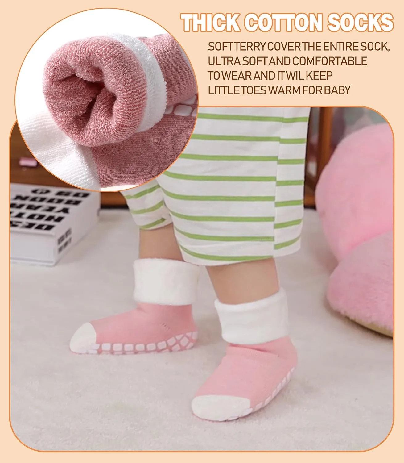LANLEO Baby Girls Boys Non Slip Socks with Grips Toddler Kids Unisex Warm Thick Cotton Ankle Crew Socks with Grippers