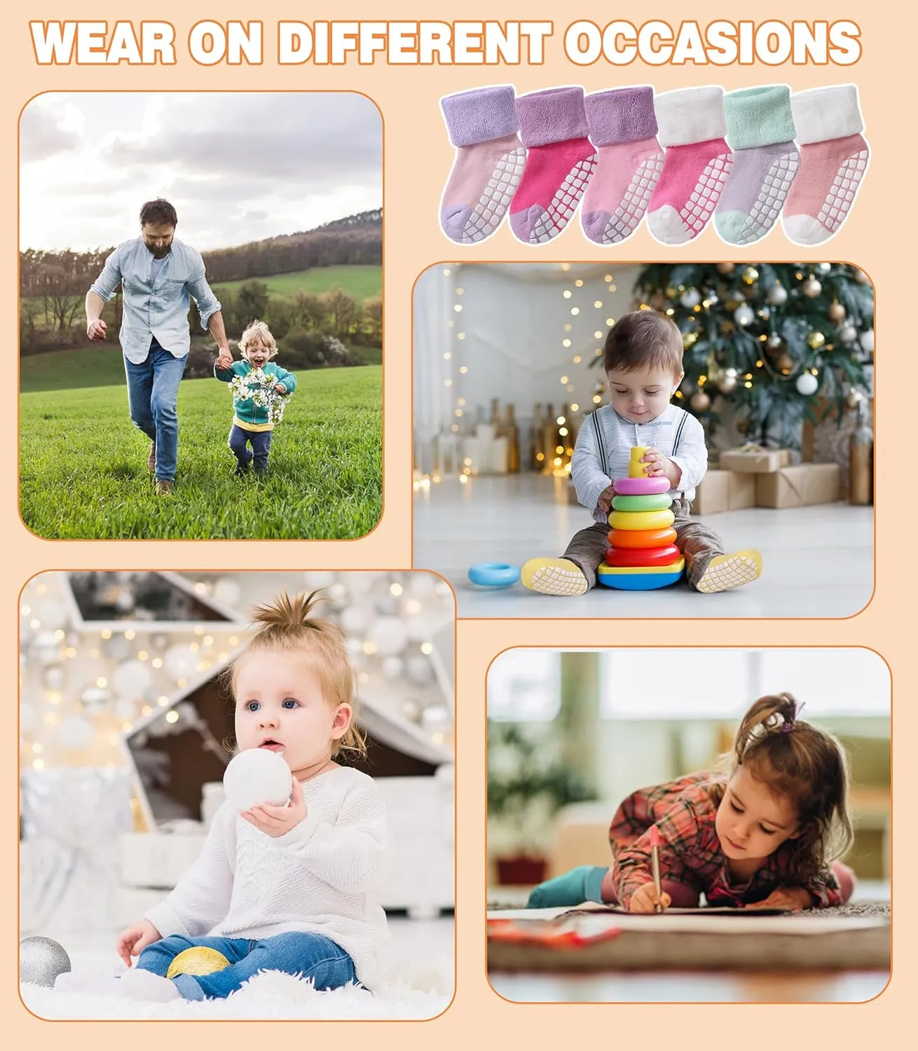 LANLEO Baby Girls Boys Non Slip Socks with Grips Toddler Kids Unisex Warm Thick Cotton Ankle Crew Socks with Grippers