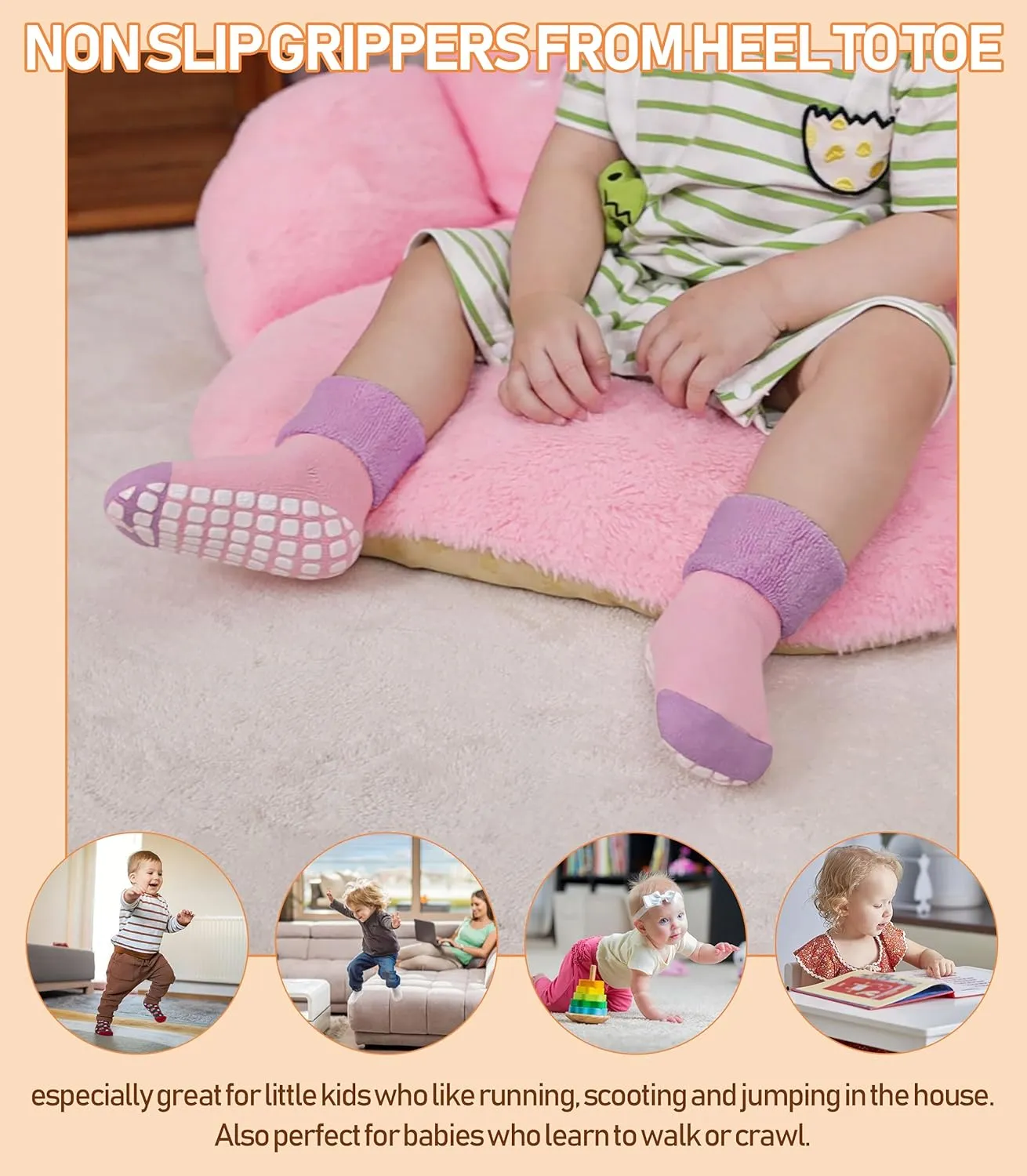 LANLEO Baby Girls Boys Non Slip Socks with Grips Toddler Kids Unisex Warm Thick Cotton Ankle Crew Socks with Grippers