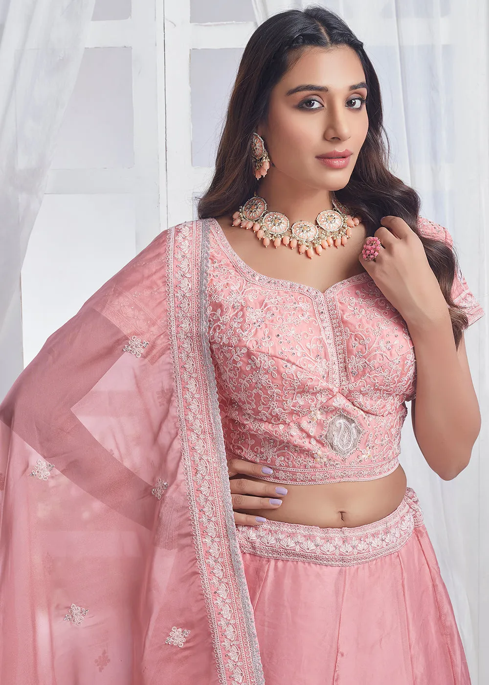 Light Peach Designer Style Embroidered Wedding Lehenga Choli
