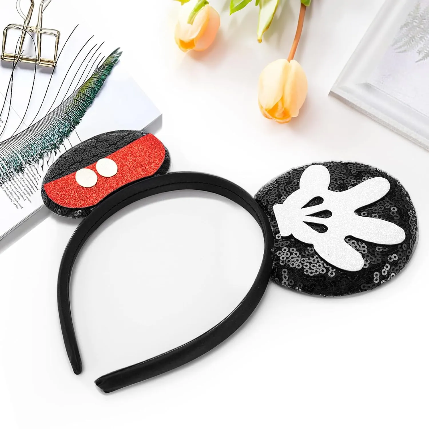LYLIN Mouse Ears, Sequin Mouse Ears Headbands with Bow for Boys Women Girls, Red-Black Mouse Ears Hair Accessories for birthday party Halloween cosplay costume