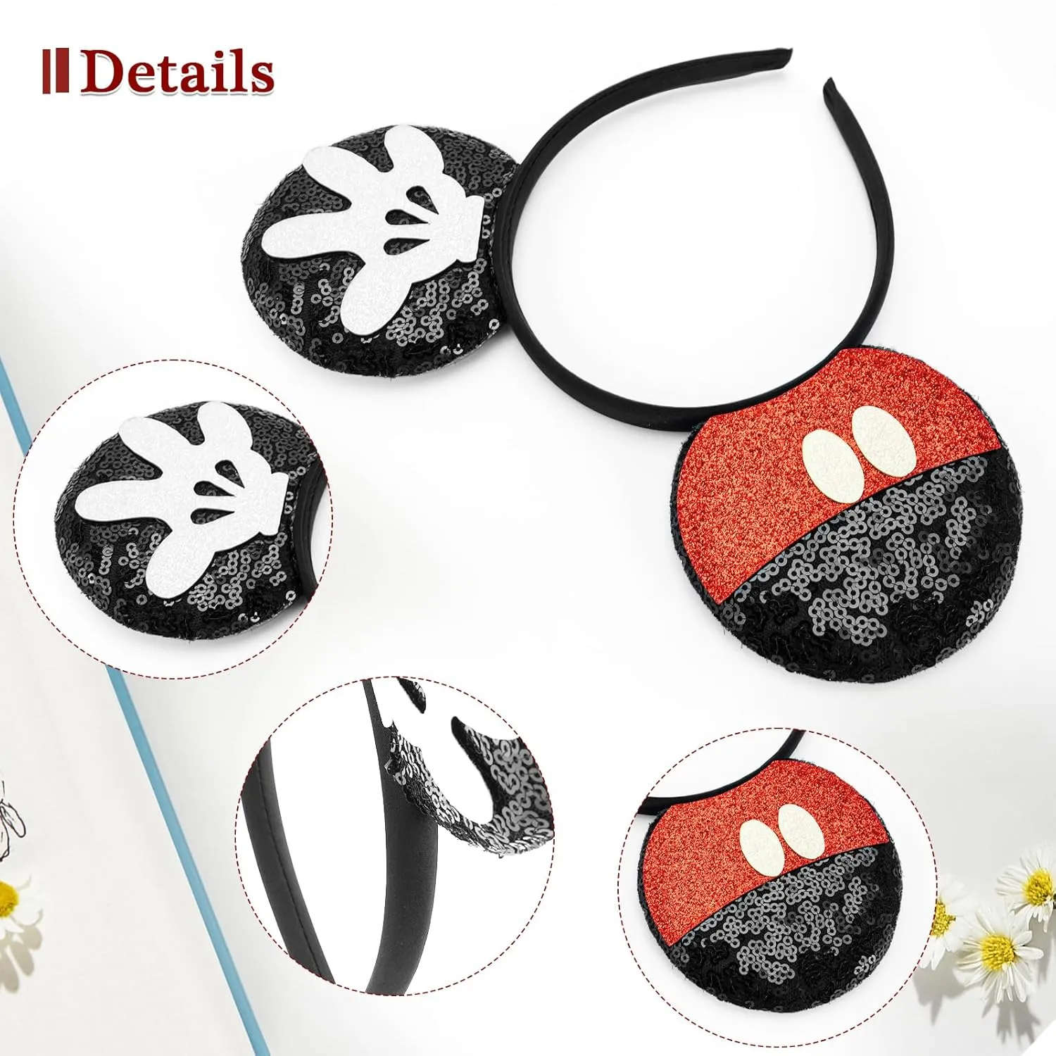 LYLIN Mouse Ears, Sequin Mouse Ears Headbands with Bow for Boys Women Girls, Red-Black Mouse Ears Hair Accessories for birthday party Halloween cosplay costume