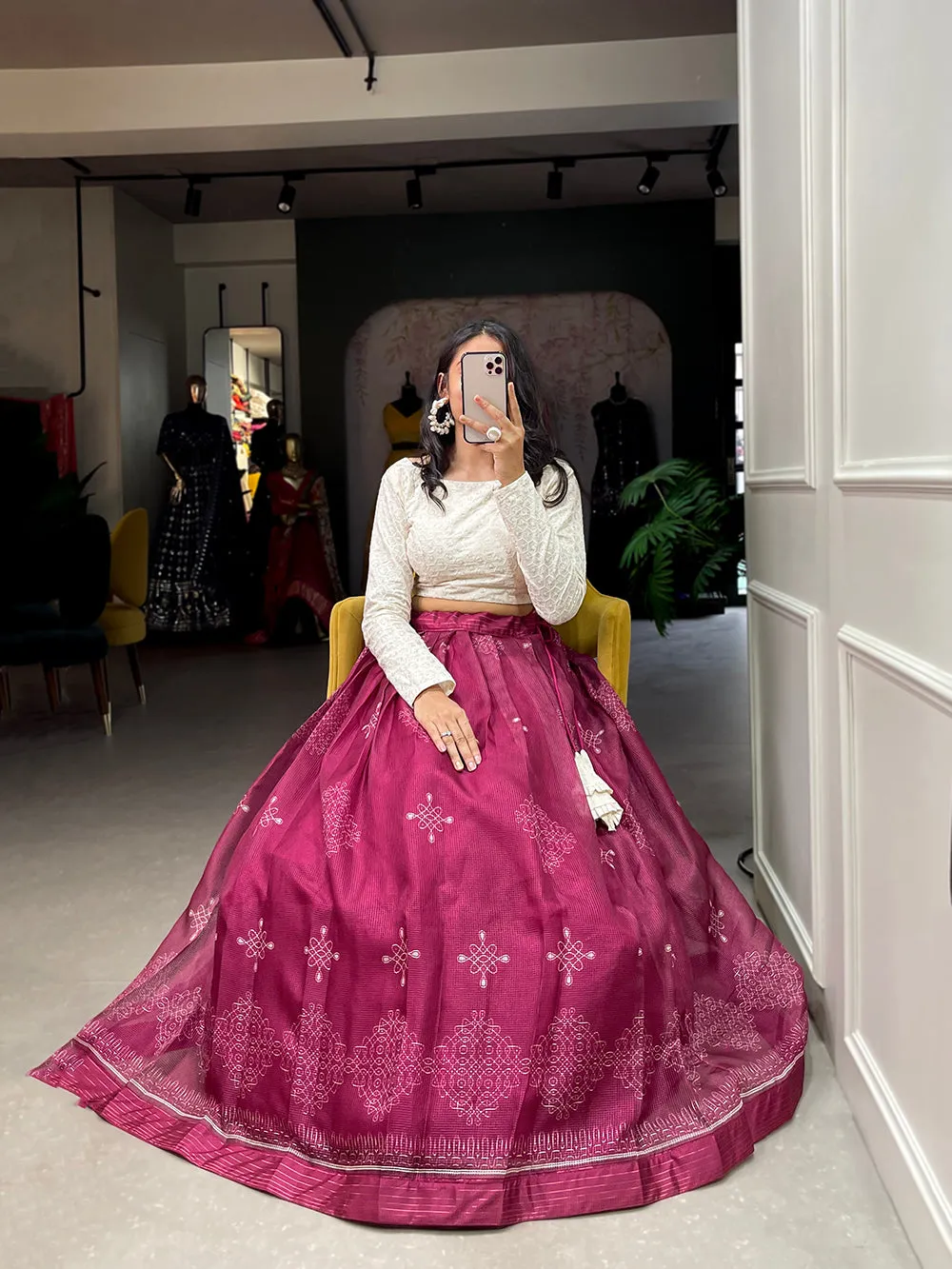 Magenta Color Digital Print Cora Chex Zari Border Co-Ord Set Lehenga Choli