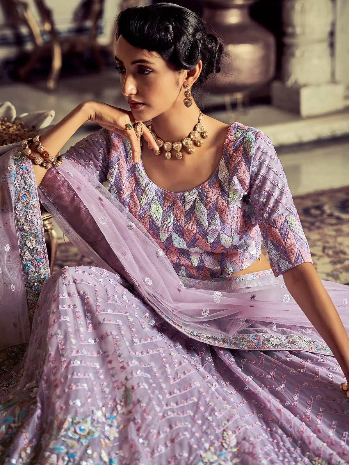 Modern Purple Georgette Embroidered Semi Stitched Lehenga With Unstitched Blouse
