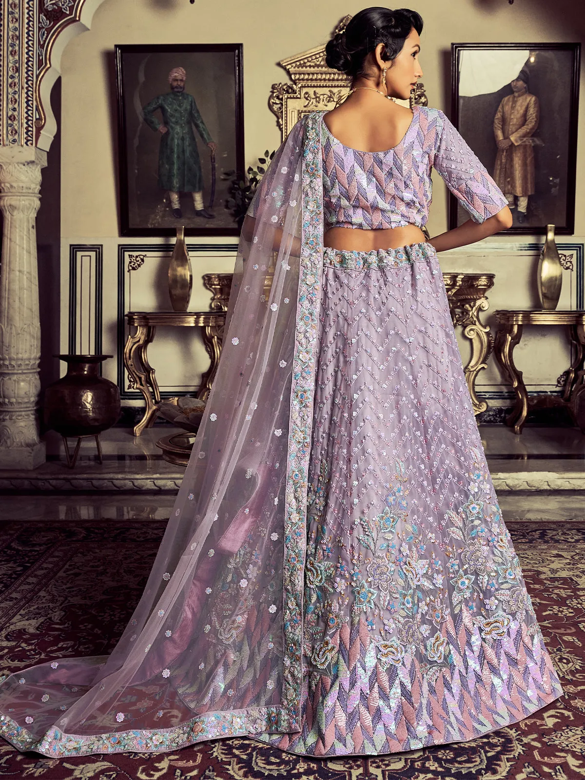 Modern Purple Georgette Embroidered Semi Stitched Lehenga With Unstitched Blouse