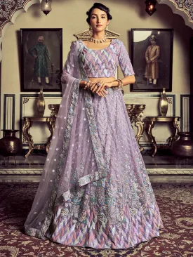 Modern Purple Georgette Embroidered Semi Stitched Lehenga With Unstitched Blouse