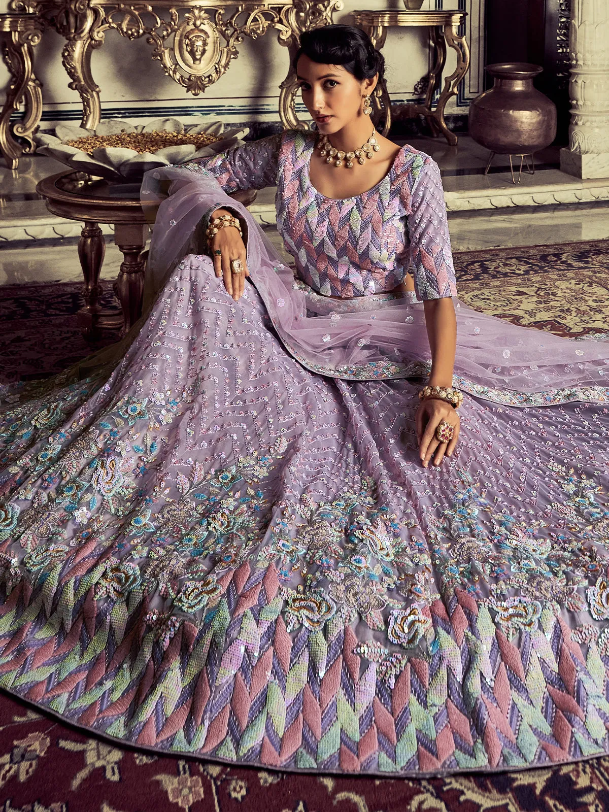 Modern Purple Georgette Embroidered Semi Stitched Lehenga With Unstitched Blouse