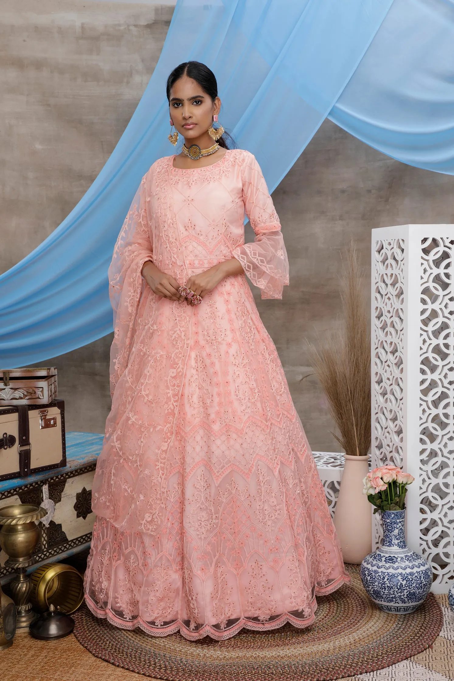 Peach Multi Thread Work Net Long Party Wear Gown