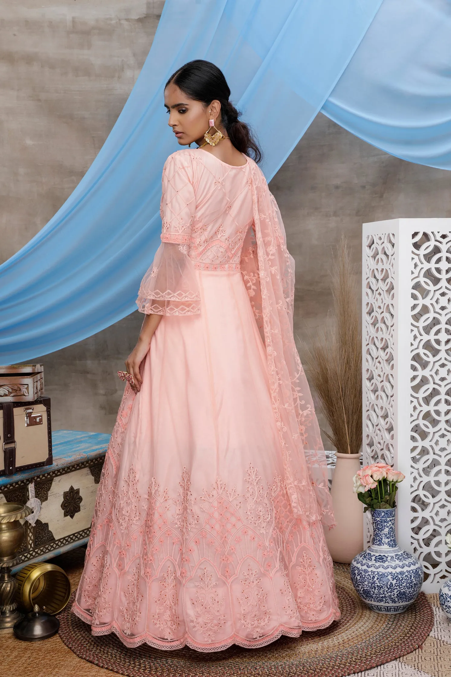 Peach Multi Thread Work Net Long Party Wear Gown
