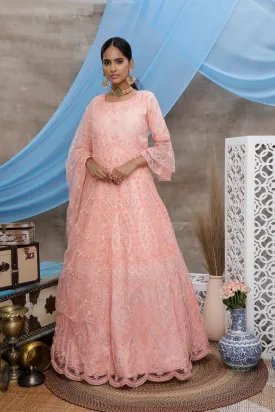 Peach Multi Thread Work Net Long Party Wear Gown
