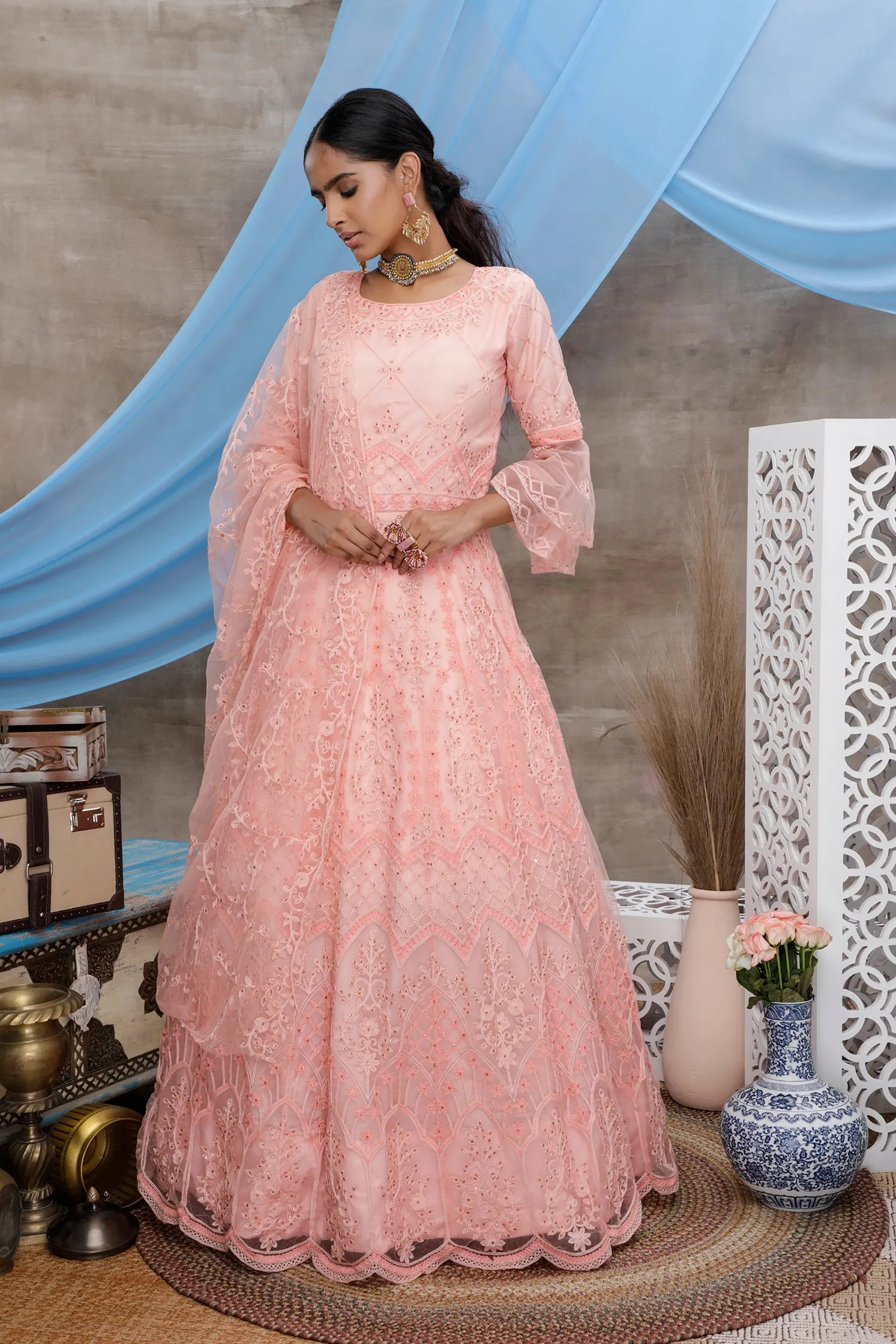 Peach Multi Thread Work Net Long Party Wear Gown
