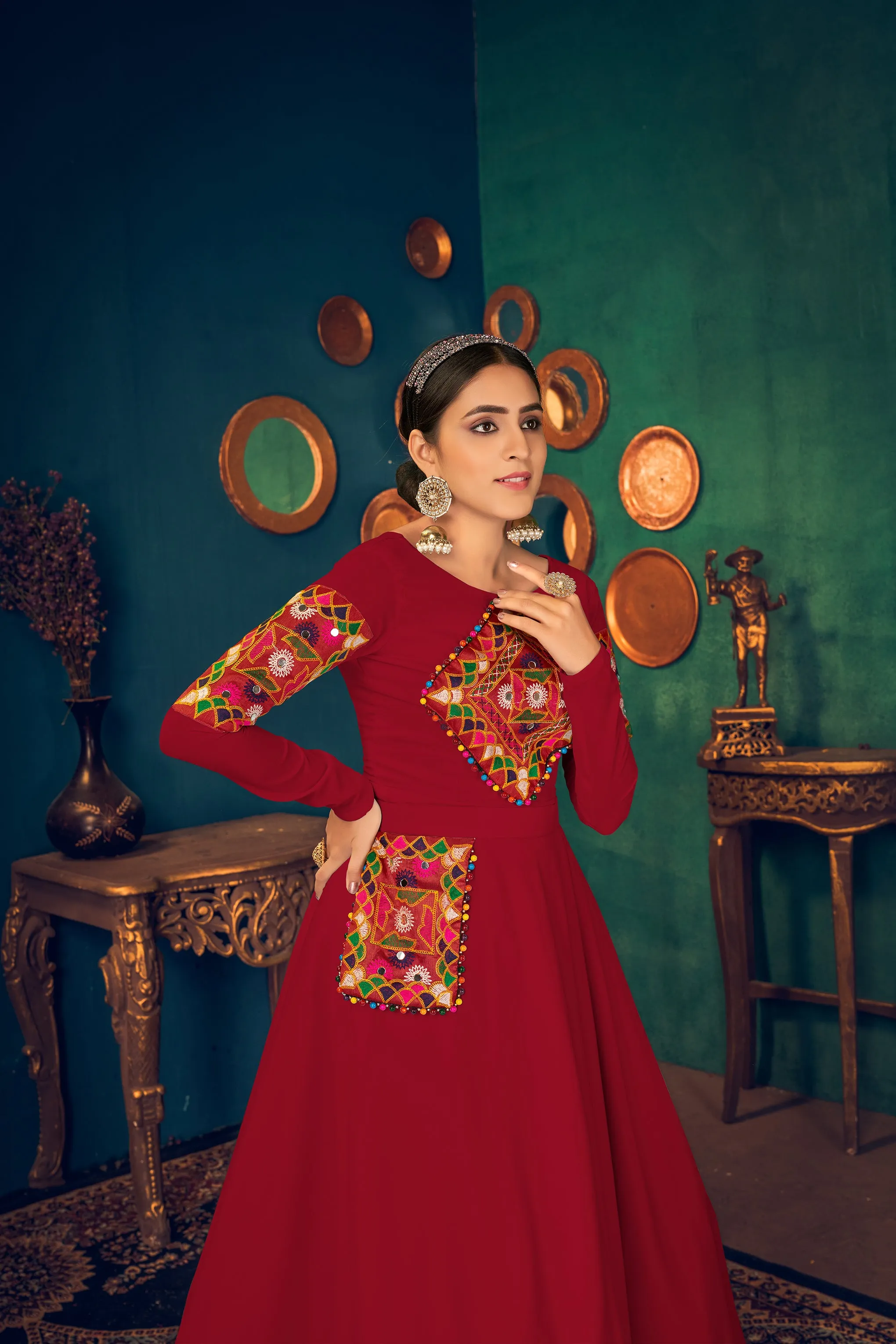Red Embroidered Georgette Evening Long Gown Semi Stitched