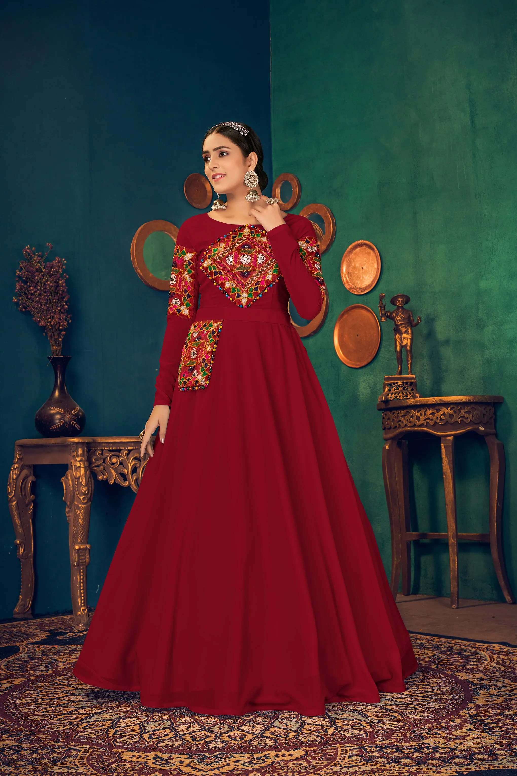 Red Embroidered Georgette Evening Long Gown Semi Stitched