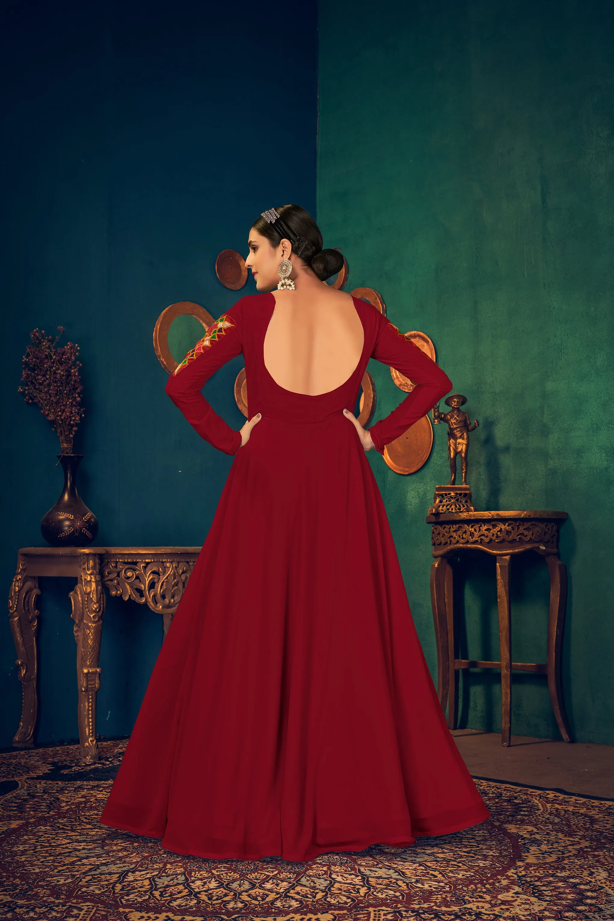 Red Embroidered Georgette Evening Long Gown Semi Stitched