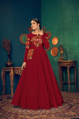 Red Embroidered Georgette Evening Long Gown Semi Stitched