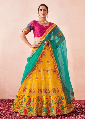 Traditional Yellow & Magenta Kalidar Embroidered Net Lehenga Choli