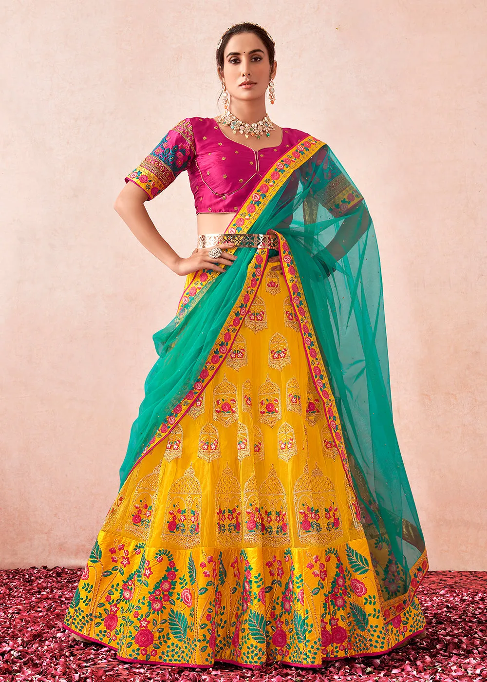 Traditional Yellow & Magenta Kalidar Embroidered Net Lehenga Choli