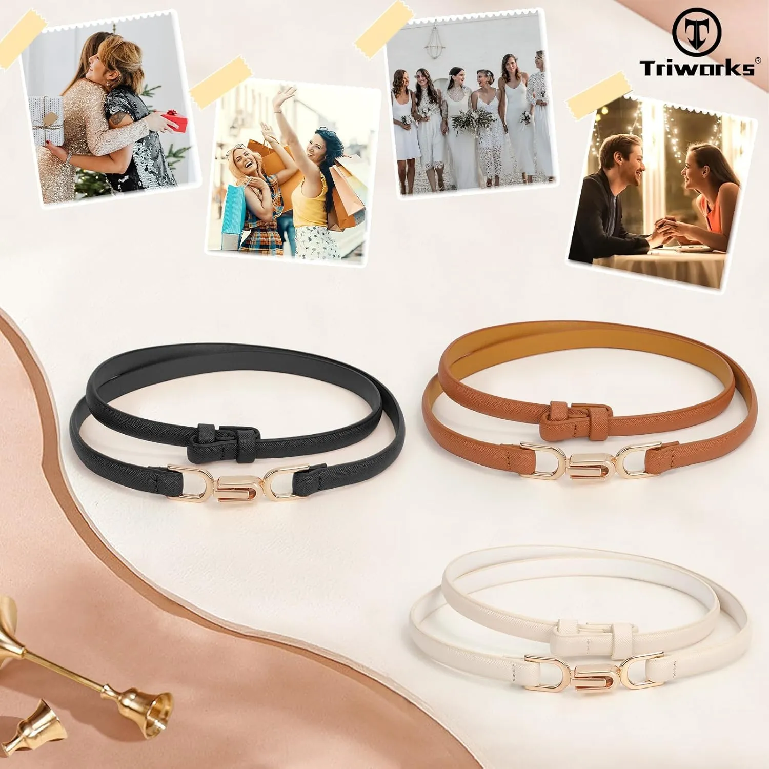 Women Skinny Leather Belts 3 Pack Ladies Adjustable Thin Waist Belts with Gold Buckle for Dresses