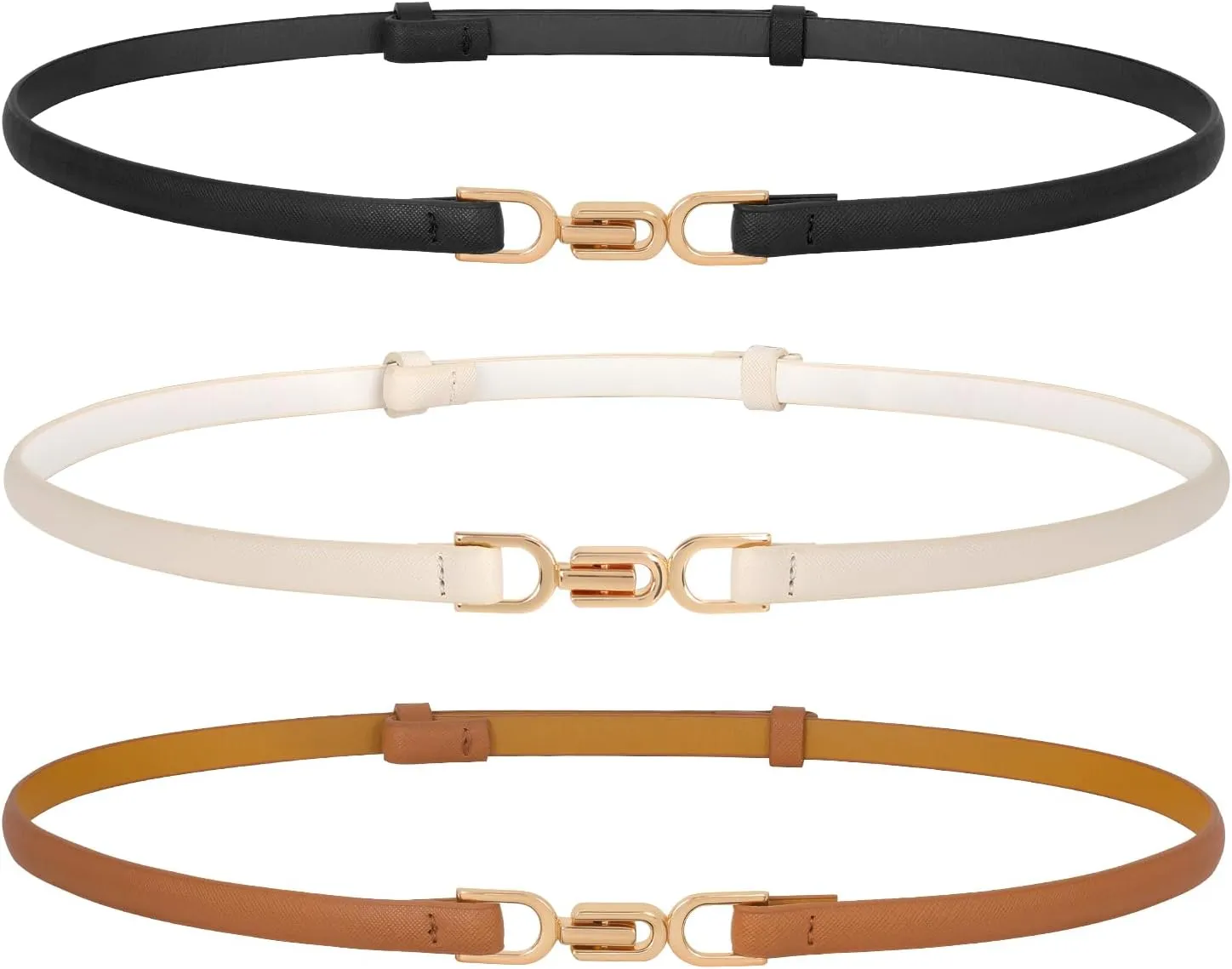 Women Skinny Leather Belts 3 Pack Ladies Adjustable Thin Waist Belts with Gold Buckle for Dresses