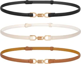 Women Skinny Leather Belts 3 Pack Ladies Adjustable Thin Waist Belts with Gold Buckle for Dresses