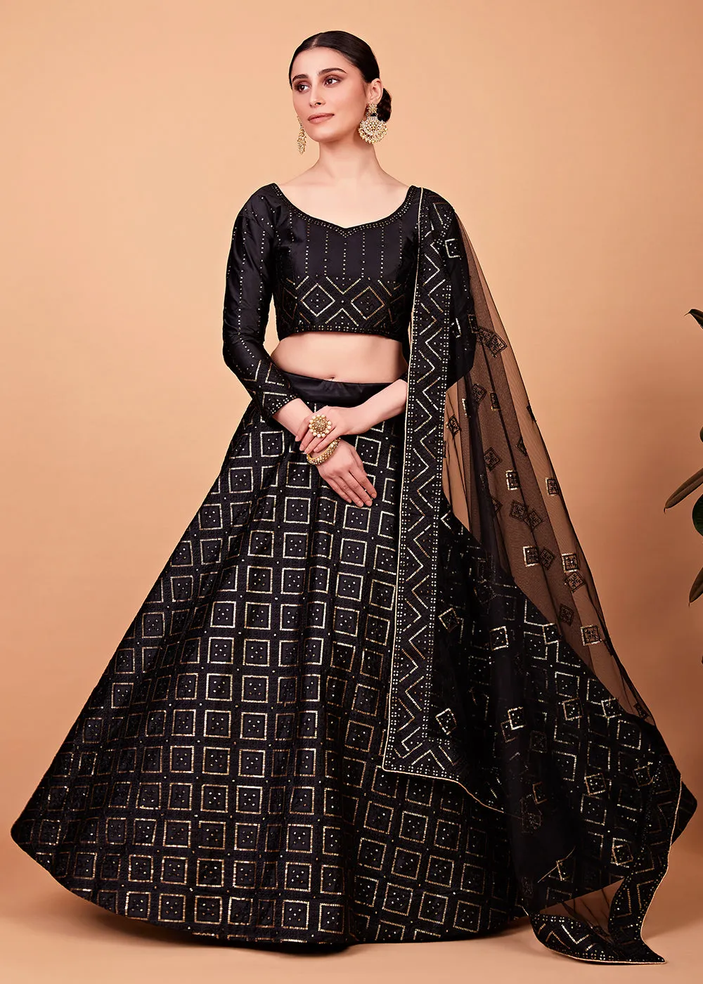 Wondrous Black Multi Thread & Sequins Cocktail Party Lehenga