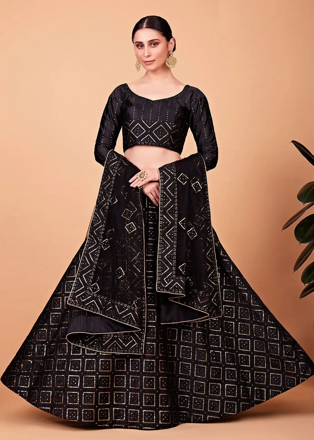 Wondrous Black Multi Thread & Sequins Cocktail Party Lehenga