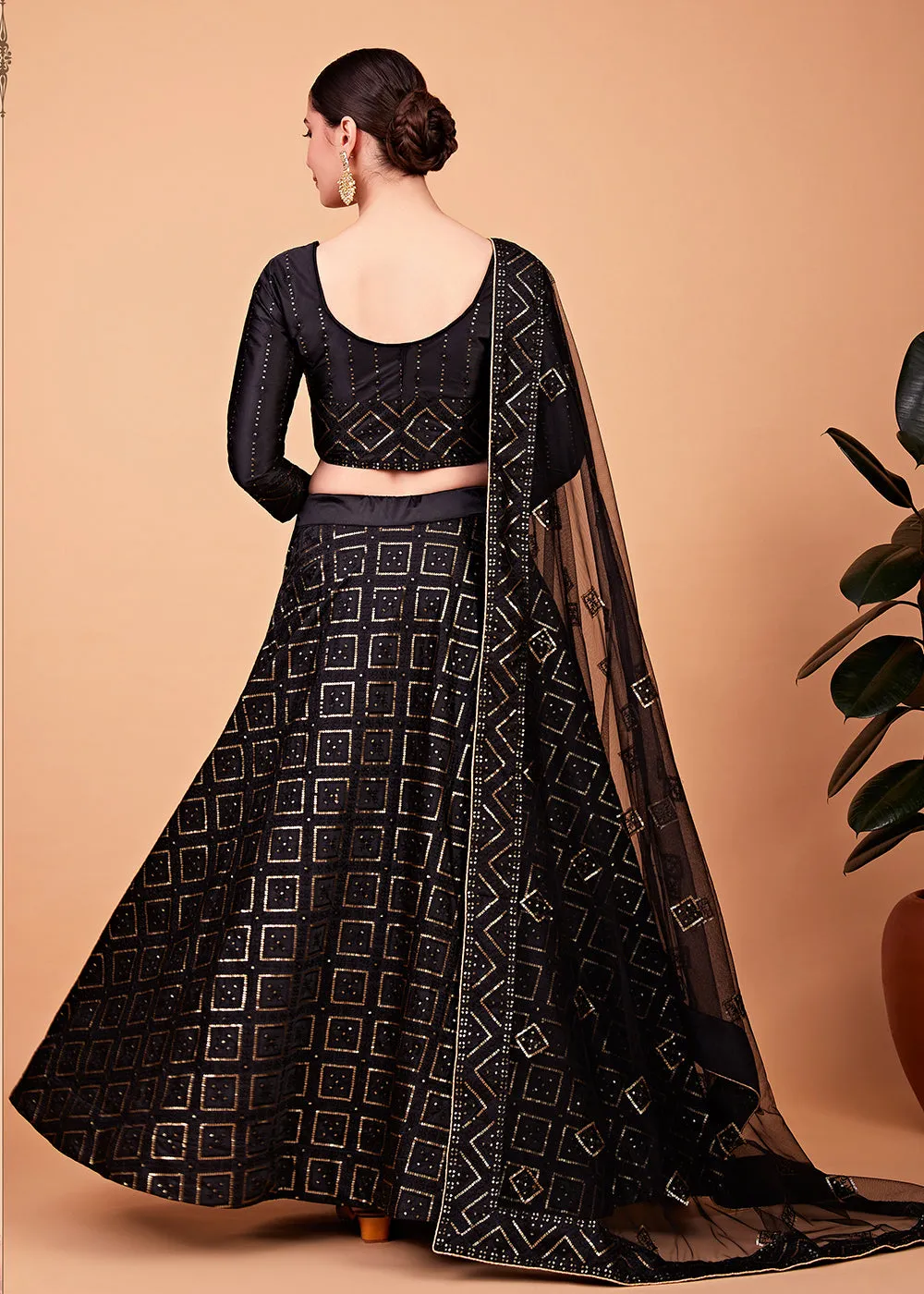 Wondrous Black Multi Thread & Sequins Cocktail Party Lehenga