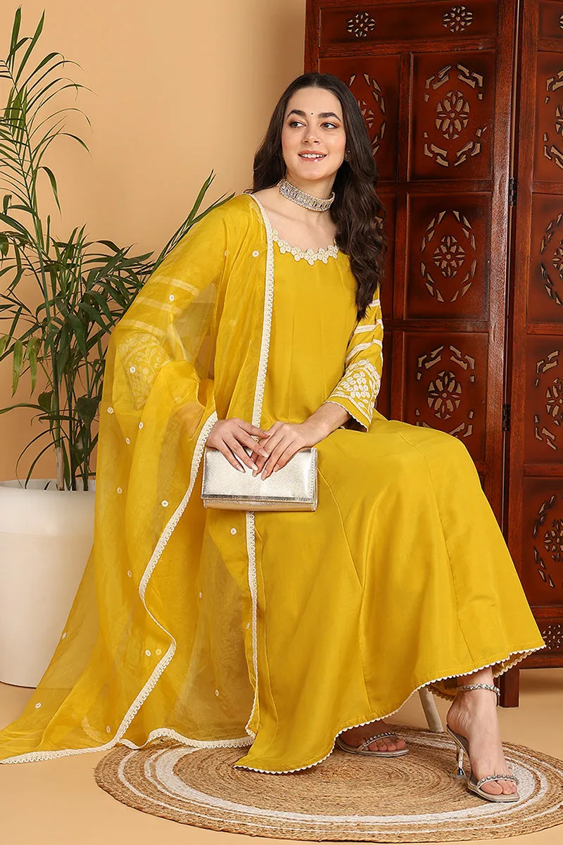 Yellow Silk Blend Solid Embroidered Anarkali Suit Set